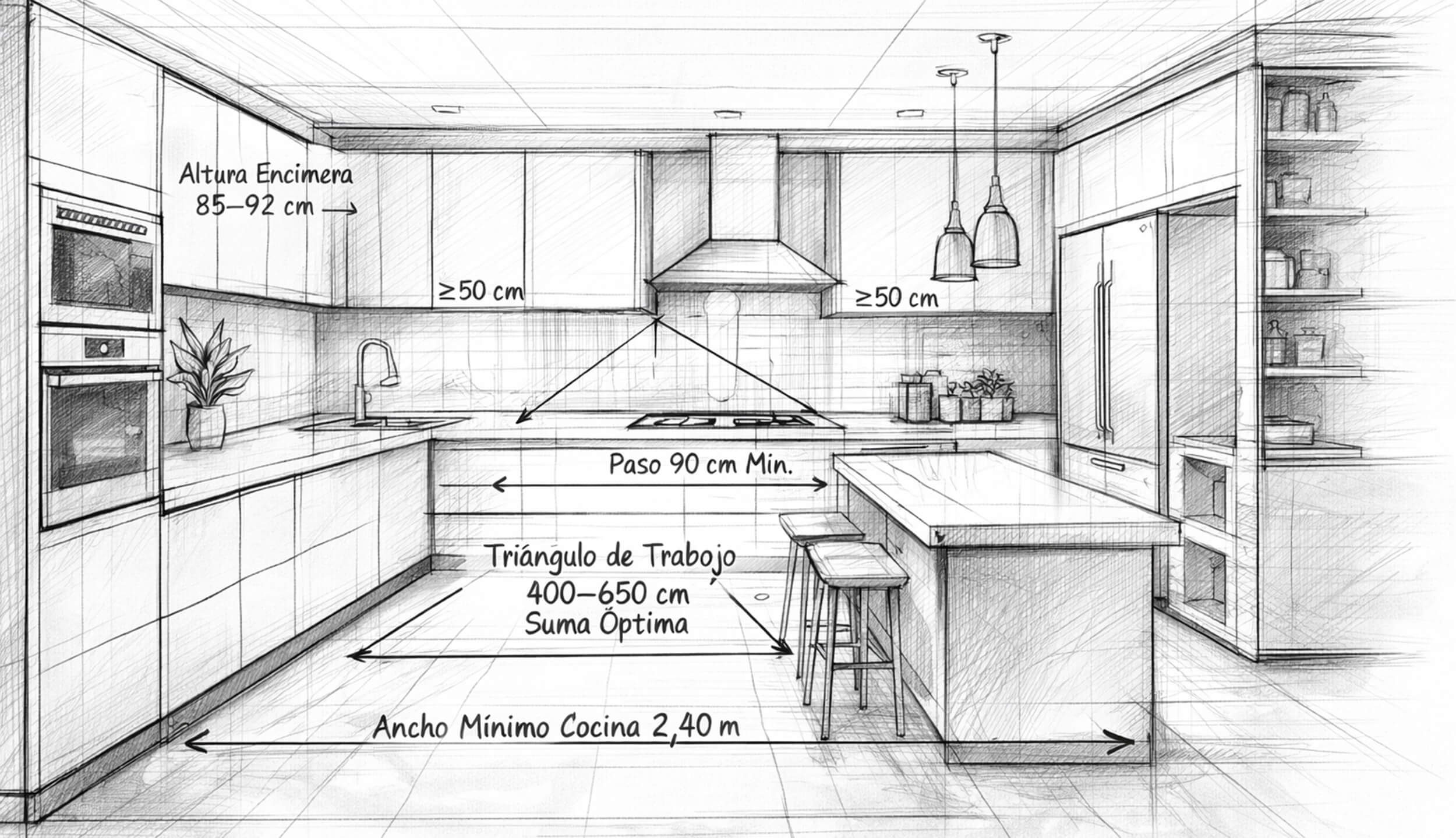 medidas ergonómicas cocina altura encimera triangulo de trabajo distribución